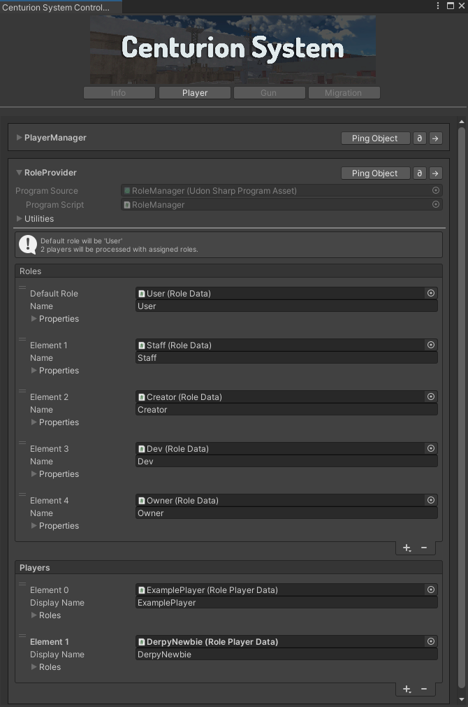 Centurion System Control Panel: Player Tab